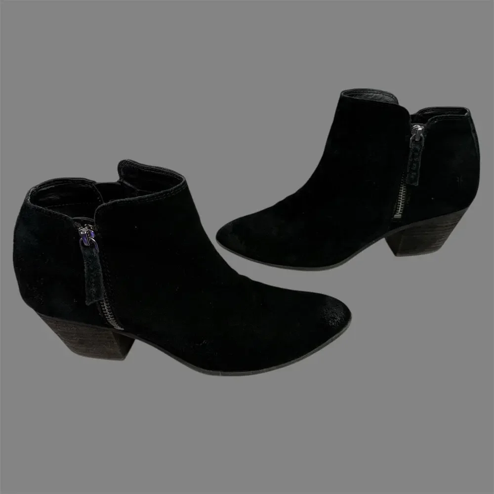 Frye Women's 8M Double Zip Slip on Black Suede Leather Ankle Heeled Booties